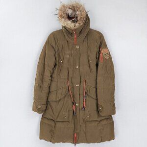 BSD Bosideng Coat Women Large Tan Duck Down Parka Racoon Fur Trimmed Hood Winter